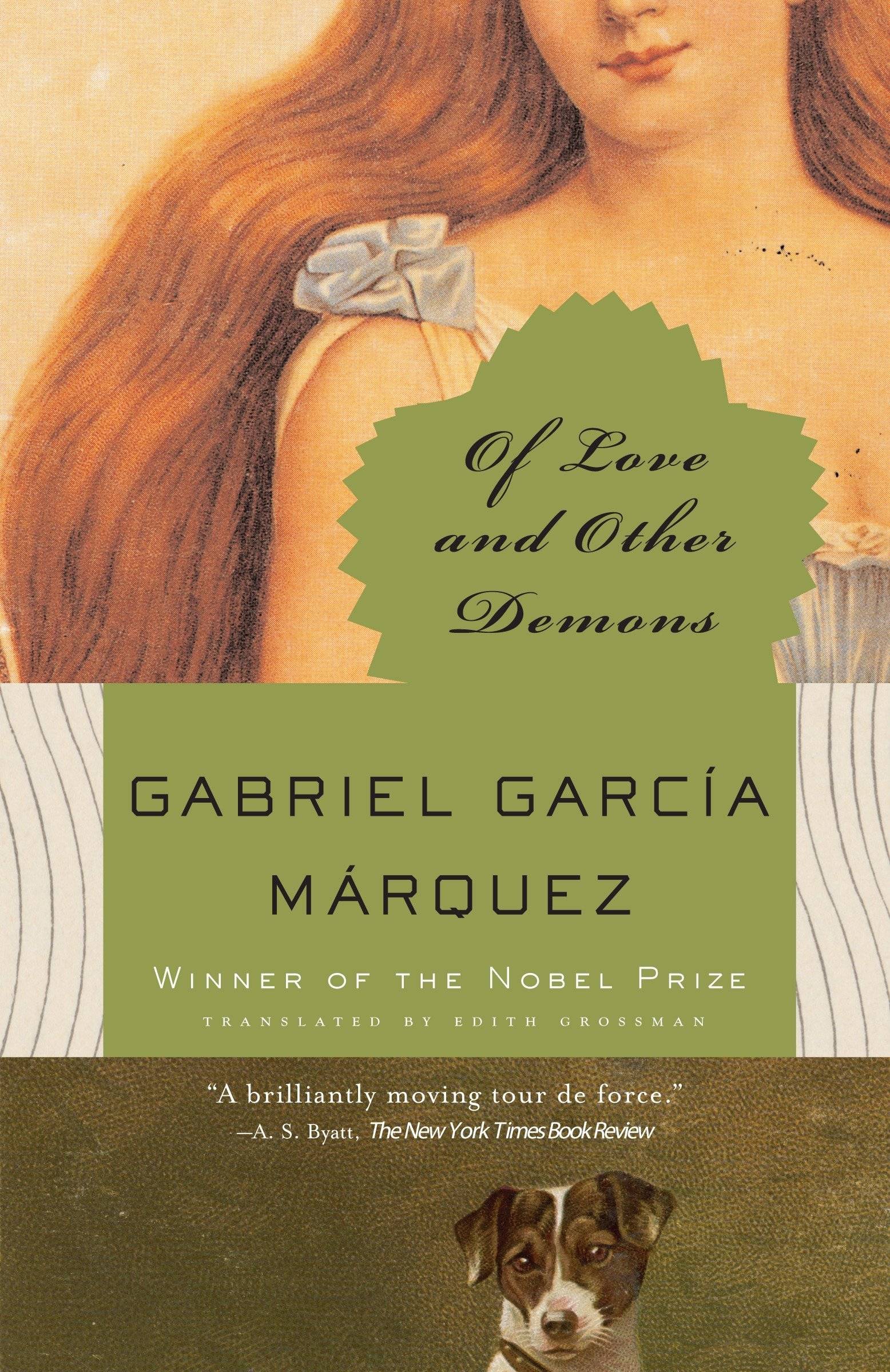 "of love and other demons" cover featuring a illustration of a dog at the bottom and a person with long golden hair at the top.